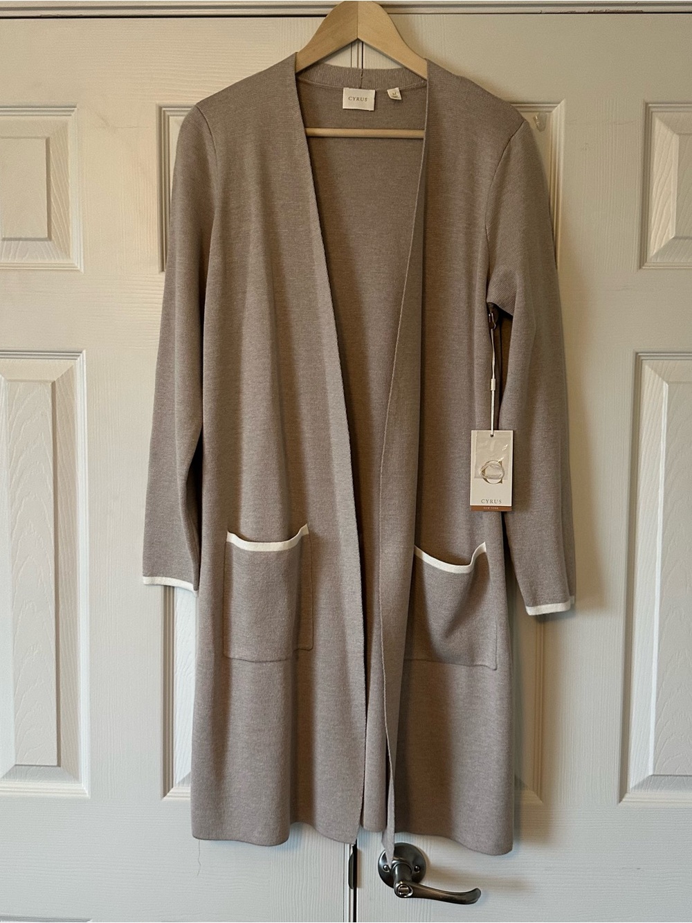 Cyrus Taupe Cardigan with ivory  Trim, NWT, Size Medium